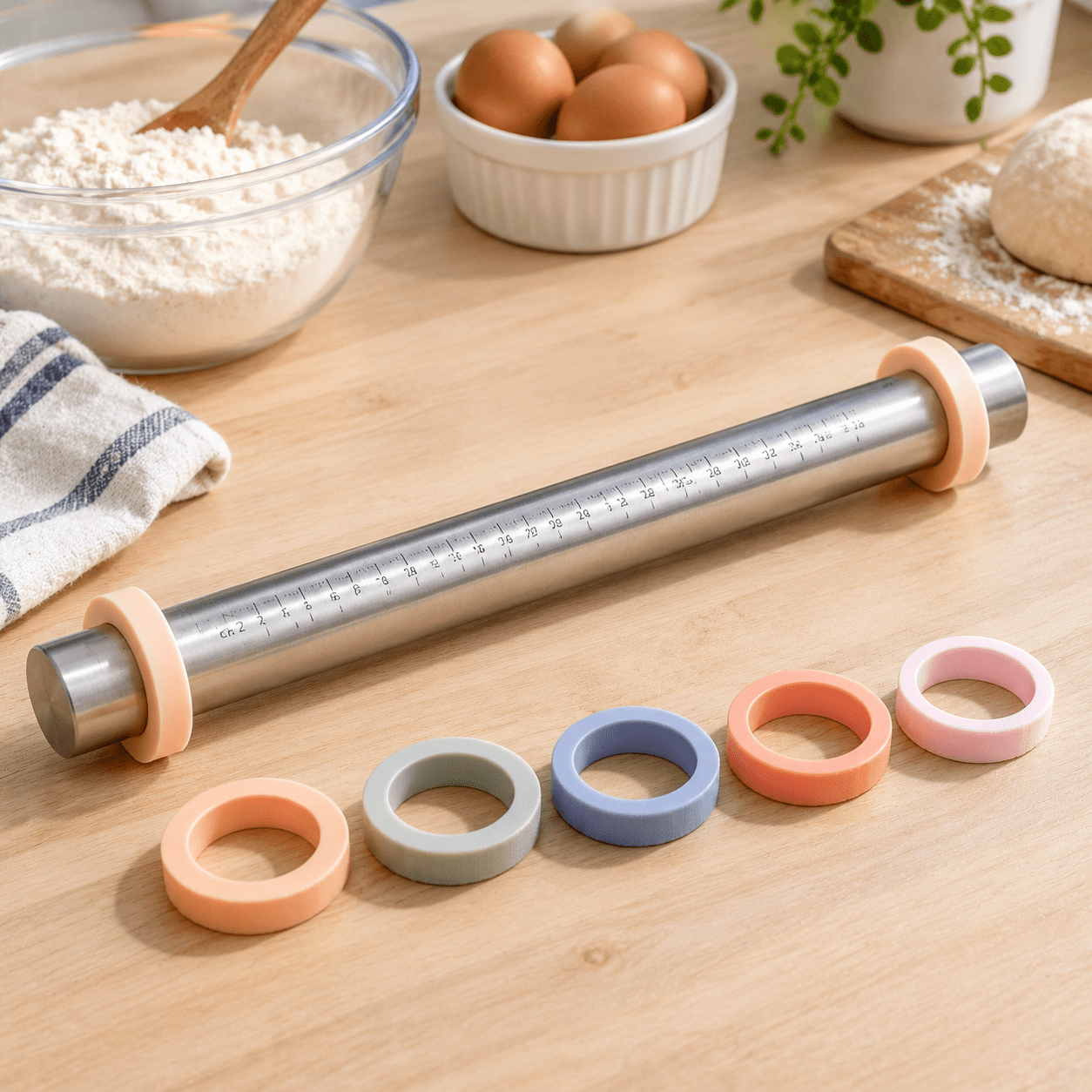 17.5 Inch Stainless Steel Rolling Pin With 5 Removable Thickness Rings ...