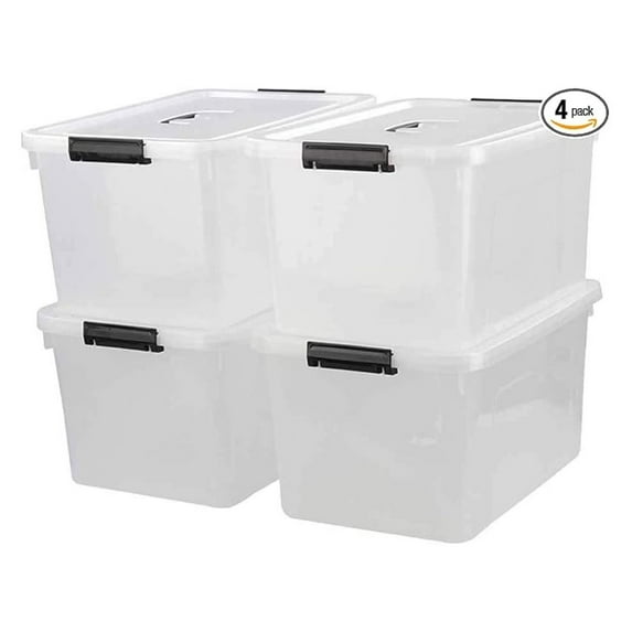 17.5 L Plastic Large Storage Box, Clear Bin with Handle and Lid, Set of 4