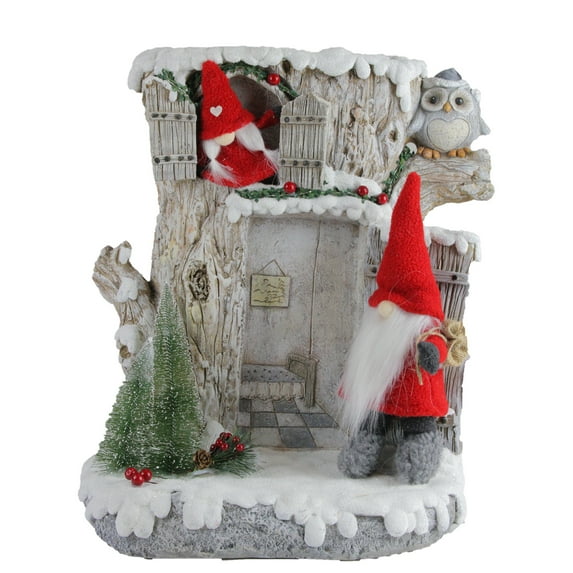 Northlight 17.5" Red and Gray LED Lighted House with Plush Gnome Couple Christmas Decor