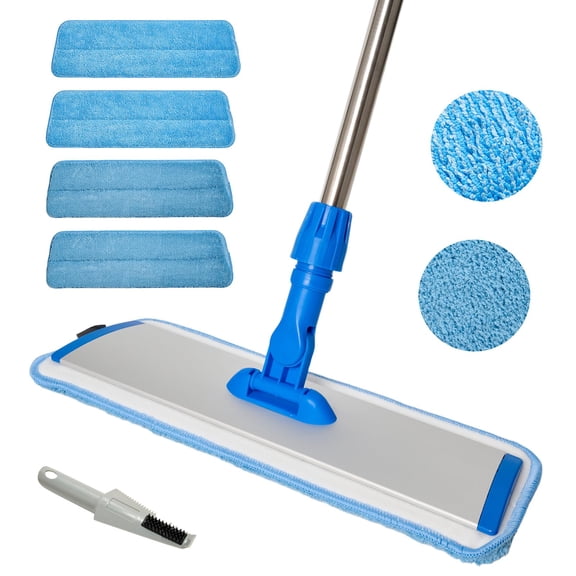 17.5'' Microfiber Mop For Floor Cleaning-blue Flat With 58'' Stainless Steel Handle- 4 Reusable Washable Replacement Pads-wet & Dry Use Hardwood Tile Laminate-home Kitchen Bathroom