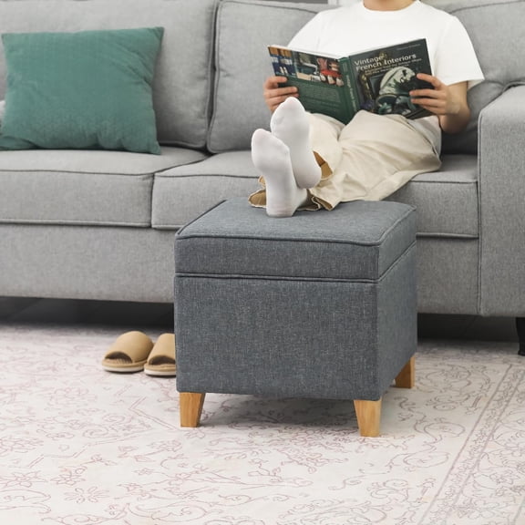 17.5" Square Fabric Ottoman with Storage, Upholstered Cotton Linen Foot Rest, Flip Top Footstool, Small Cube Coffee Table Extra Seat for Living Room, Bedroom, Grey with Burlywood Legs