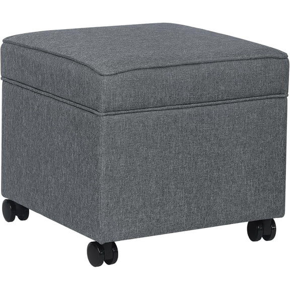 17.5" Square Fabric Ottoman with Storage, Upholstered Cotton Linen Foot Rest, Flip Top Footstool, Small Cube Coffee Table Extra Seat for Living Room, Bedroom, Grey with Rolling Legs