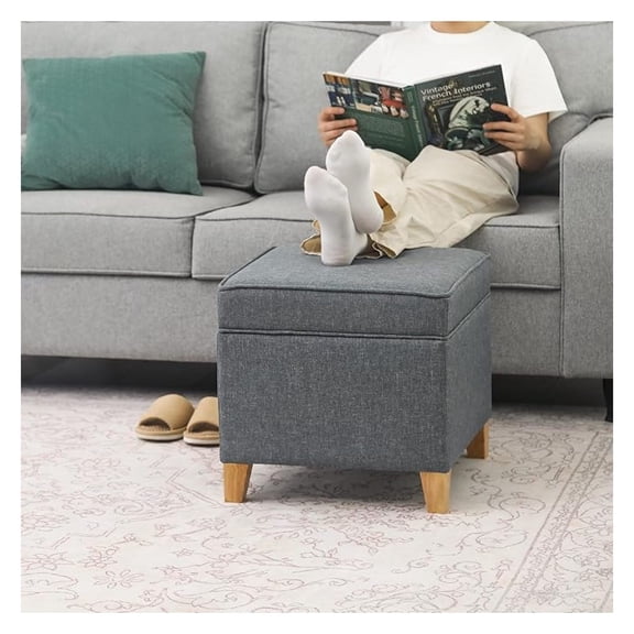 17.5" Square Fabric Ottoman with Storage, Upholstered Cotton Linen Foot Rest, Top Footstool, Small Cube Coffee Table Extra Seat for Living Room, Bedroom, Grey with Burlywood Legs