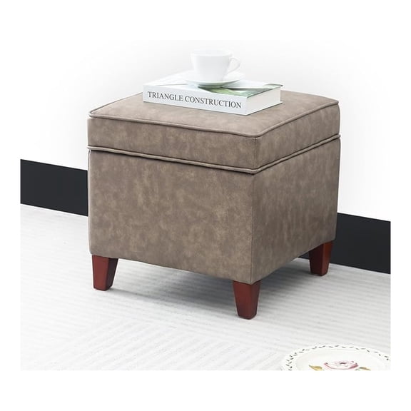 17.5" Square Storage Ottoman, Faux Leather Top Footstool & Coffee Table, Upholstered Foot Rest with Wood Legs, Small Extra Seat for Living Room & Bedroom, Coffee Brown