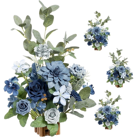 17.5" Tall Standing Artificial Flowers Arrangements 4pcs Fall Wedding Aisle Runner Chair Decorations Dusty Blue & Navy Centerpieces for Ceremony Reception Rose Floral Party Outdoor.