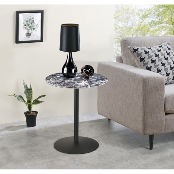 17.5"W End Table with Black Marble Textured Glass Top - 3D Printed Texture Steel Foundation Compact Sturdy Side Table