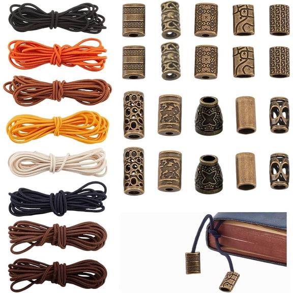 17.5 Yards Elastic Bands for Notebook Polyester Elastic Stretch Cord Traveler's Notebook Elastic Band DIY Kit with 20 Alloy Risers for DIY Bookmark Making Antique Bronze