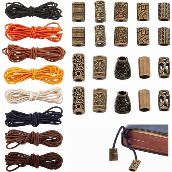 17.5 Yards Elastic Bands for Notebook Polyester Elastic Stretch Cord Traveler's Notebook Elastic Band DIY Kit with 20 Alloy Risers for DIY Bookmark Making Bronze 1box