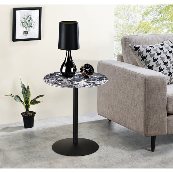 17.5 - inch End Table with Black Marble Textured Glass Top Sturdy for Outdoor Patio
