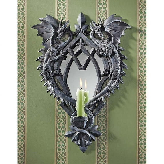 17.5" Medieval Gothic Twin Dragon Mirrored Wall Sculpture Statue/ Candle Holders