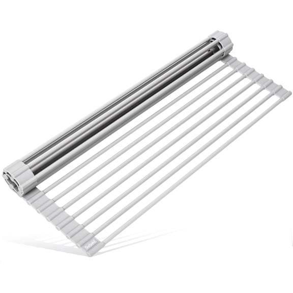 PLERISE 17.5 x 13.1 Inch Roll Up Dish Drying Rack, Heavy Duty Silicone Non Slip Heat Resistant for Sink Openings up to 16.5 Inch, Warm Gray, 1 Pack