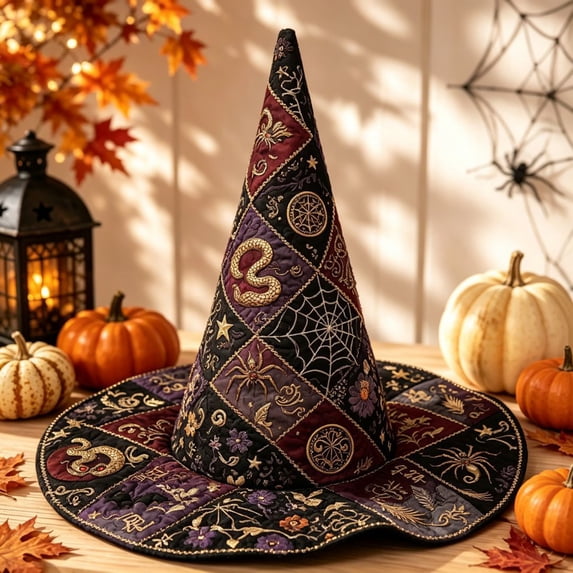 17.5IN Halloween Quilted Witch Hat for Adults, Wide Brim Embroidered Wizard Hat , Costume Accessory for Halloween Party Decoration,E