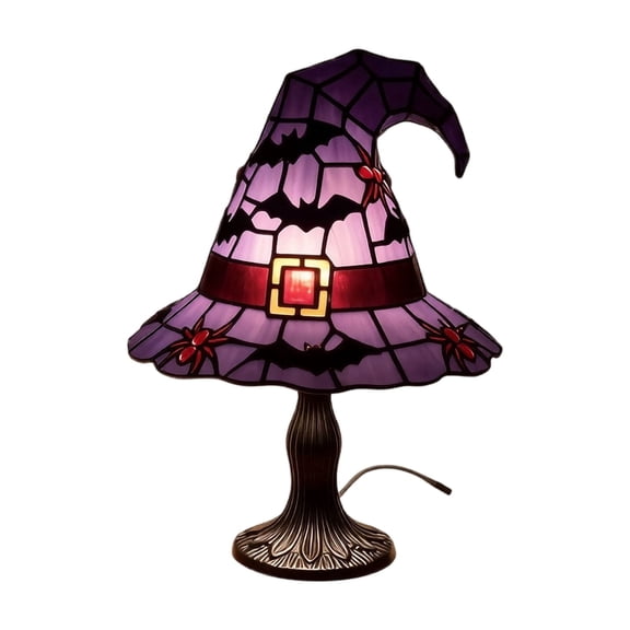 17.5cm Stained Glass Resin Witch Hat Night Light, USB Powered Gothic Ghost Pattern Table Lamp, Mini Halloween Witch Hat Desk Lamp for Bedroom Shelf Mantel Party Decor & Witchy Gift,B