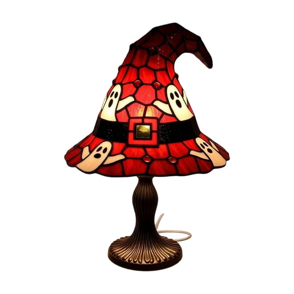 17.5cm Stained Glass Resin Witch Hat Night Light, USB Powered Gothic Ghost Pattern Table Lamp, Mini Halloween Witch Hat Desk Lamp for Bedroom Shelf Mantel Party Decor & Witchy Gift,A