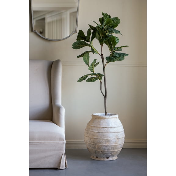 17.5x17.5x18.5" Round Magnesium Flower Pot with Weathered White Finish and Ridged Texture