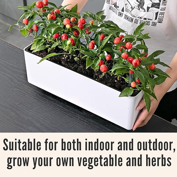17.6 Inch White Rectangular Self Watering Planter Box Large Decorative Modern Window Box with Drainage & Saucers Flower Pot for Indoor Plants Windowsill Herbs, Balcony & Home Garden