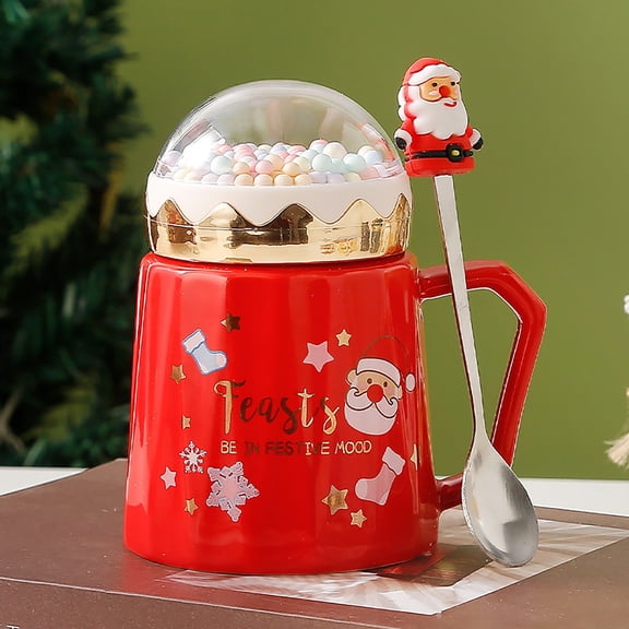 17.6 oz Christmas Mug with Winter Snow Globes Lid Decorations, Large Cute Festive Ceramic Coffee Cup, Winter Xmas Birthday Tabletop Drinkware Teacup Gifts for Adults Kids Men Women (Red)