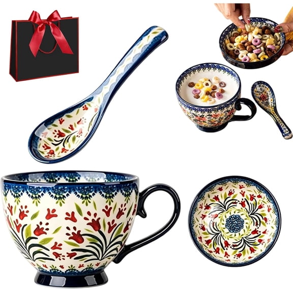 17.6 oz Polish Pottery Ceramic Coffee Mug Set with Lid and Spoon, 500ml Large Jumbo Breakfast Cup for Oatmeal Cereal Soup, Hand Painted Vintage Boho Floral Gift for Women Mom (A-1)