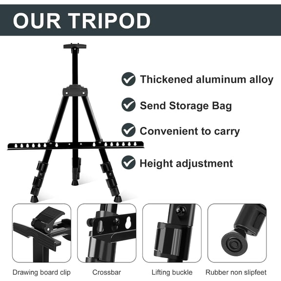 17–66" Adjustable Aluminum Tripod Easel - Sturdy Portable Tabletop/Floor Stand for Canvases, W/Storage Bag (Studio/Professional Use)