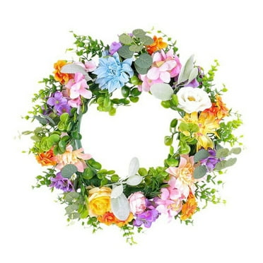 17.7" Artificial Flower Wreath,Rose and Hydrangea Wreath Colorful Spring/Summer Floral Wreaths for Front Door Wall Window and Holiday Festival Party Banquet Wedding Decor
