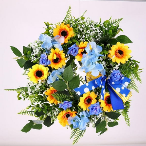 17.7" Artificial Sunflower Springtime Flower Wreath with Yellow Sunflower and Blue Flower, for Front Door