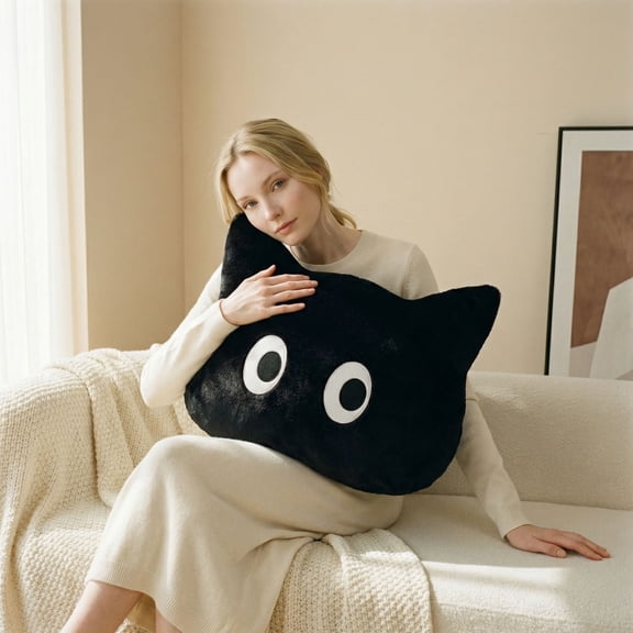 17.7" Cartoon Cute Cat Pillow Soft Plush Stuffed Doll Kawaii Fluffy Plush Toy Huggable Companion Decorative Accent for Sofa Bed Living Room Bedroom Home Decor Birthday Gift for Kids Adults(Black)
