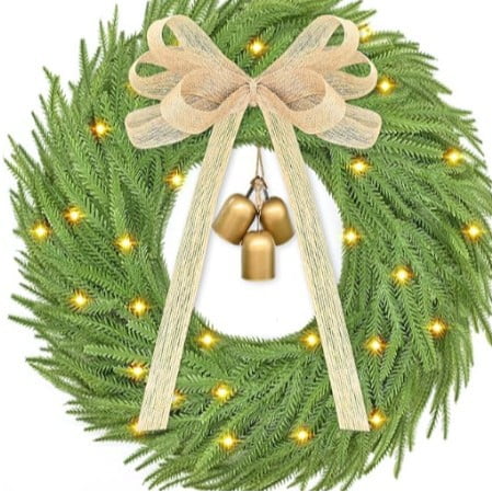 17.7" Christmas Norfolk Pine Front Door Wreaths, Real Touch Norfolk Christmas Decorations Flower Garlands with Bow Bells, Soft Pine Christmas Door Wreaths for Holiday Home Decorations Indoor Outdoor