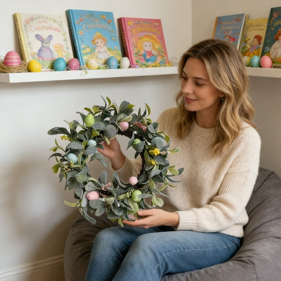 17.7" Easter Eucalyptus Wreath, Spring Wreath with Lamb’s Ear Greenery, Speckled Easter Eggs & Mini Floral Blooms, Festive Easter Decor for Front Door, Wall, Mantel, Indoor & Outdoor Holiday Display