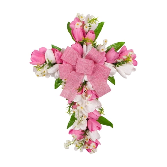 17.7" Easter Tulip Cross Wreath, Spring Wreath for Front Door with Vibrant Tulip Blooms & Accent Bow, Festive Easter Decor for Porch, Wall, Mantel, Indoor & Outdoor Holiday Display (Pink Color)
