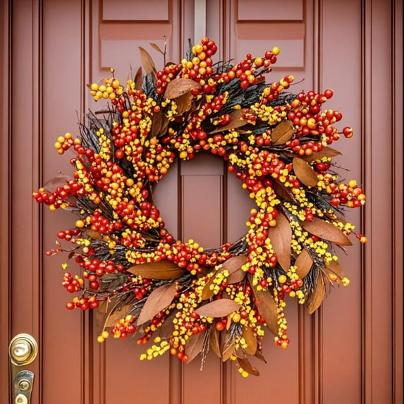 17.7" Fall Wreaths for Front Door, Fall Wreath with Eucalyptus Leaves and Berries, Autumn Wreath for Outdoor Thanksgiving Farmhouse Halloween Decorations, Fall Decorations for Home, Halloween Wreath