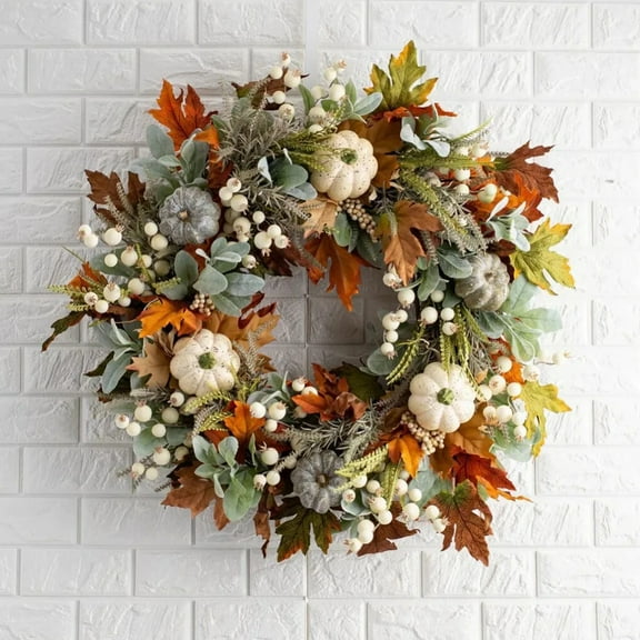 17.7"Fall Wreaths for Front Door-Thanksgiving Harvest Wreath with Pumpkins Maple Leaves Fall Wreath for Farmhouses Outdoor Fall Wreaths Hanging Ornament