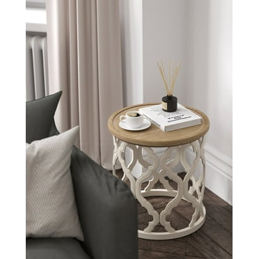 17.7'' Farmhouse End Table, Round French Country Side Table, Distressed Wood Tray Top Rustic Accent Table with Lipped Edge, Beige