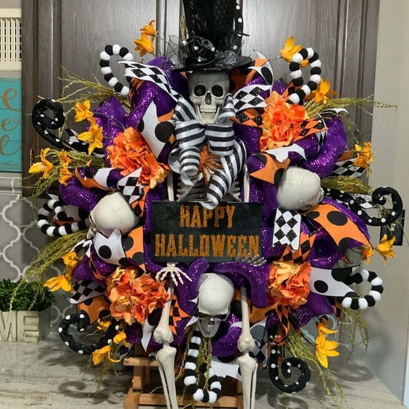 17.7" Halloween Wreath for Front Door Decoration with Skull, Faux Flowers Party Decor