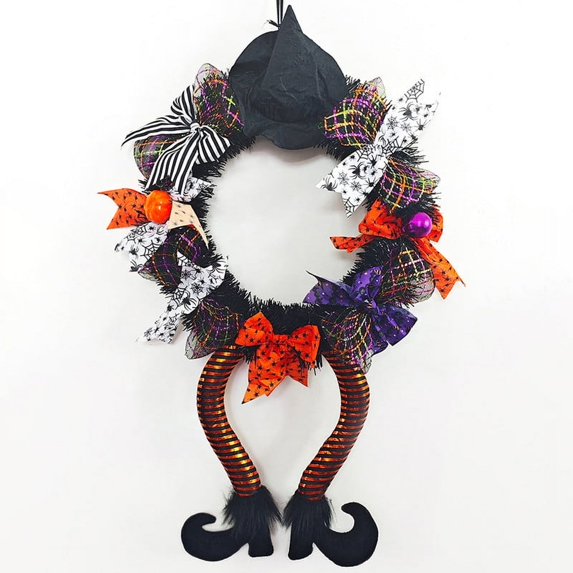 17.7" Halloween Wreaths with Witch Hat Leg Halloween Decorations, Front Door Wreath Ornaments Holiday Party Thanksgiving Decor