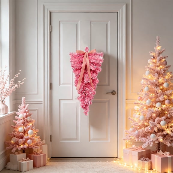 17.7 In Pink Christmas Teardrop Swag with Matching Satin Bow, Artificial Folding Door Hanging Garland for Stairs, Fireplace & Window Decor