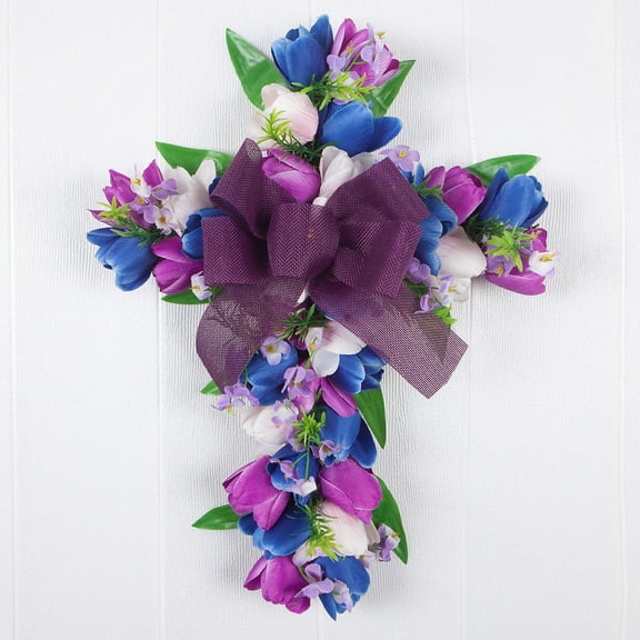 17.7 In Tulip Cross Wreath - Artificial Christmas Wreath for Front Door, Christmas Decorations, for Front Door, Fireplace, Wall, Handrails