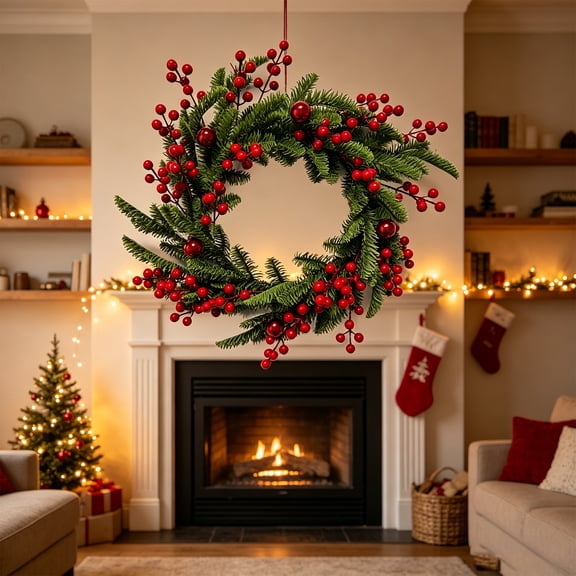 17.7 Inch Artificial Christmas Wreath Red Berry,Christmas Home Decoration for Front Door, Xmas Decor Indoor Outdoor for Winter Wall Windows Decor