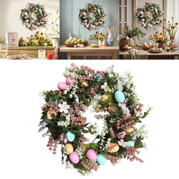 17.7 Inch Artificial Easter Wreath for Front Door - Spring Decoration with Colorful Pastel Eggs, Mixed Flowers & Leaves, Indoor/Outdoor Hanging Garland for Home & Party