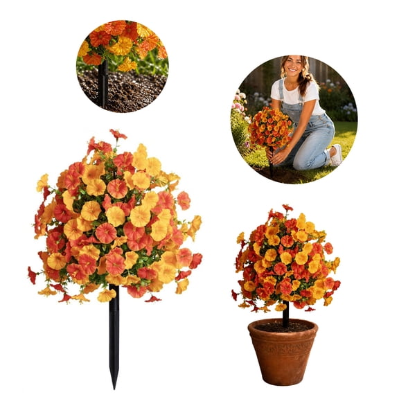 17.7 Inch Artificial Mornings Glorys Topiary Ball with 8 Inch Ground Spike UV Resistant Orange Fake Flower Shrub for Fall Thanksgiving Halloween Decor