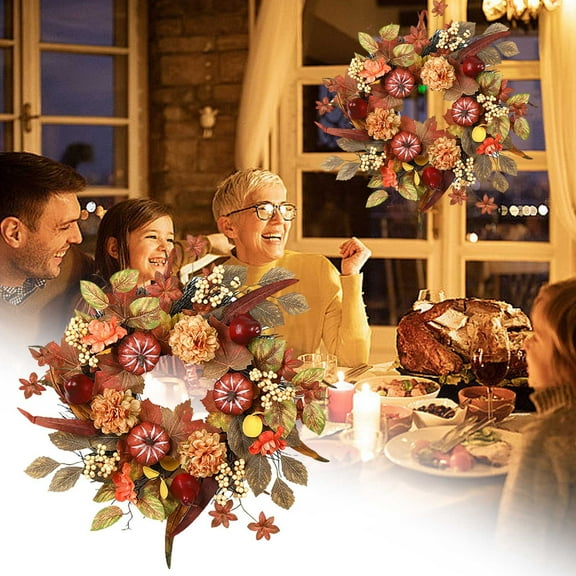 17.7 Inch Artificial Pumpkin Fall Wreath with Maple Leaves Farmhouse Thanksgiving Day Floral Wreaths for Front Door Autumn Holiday Hanging Decorations for Wall Window Porch Home Decor