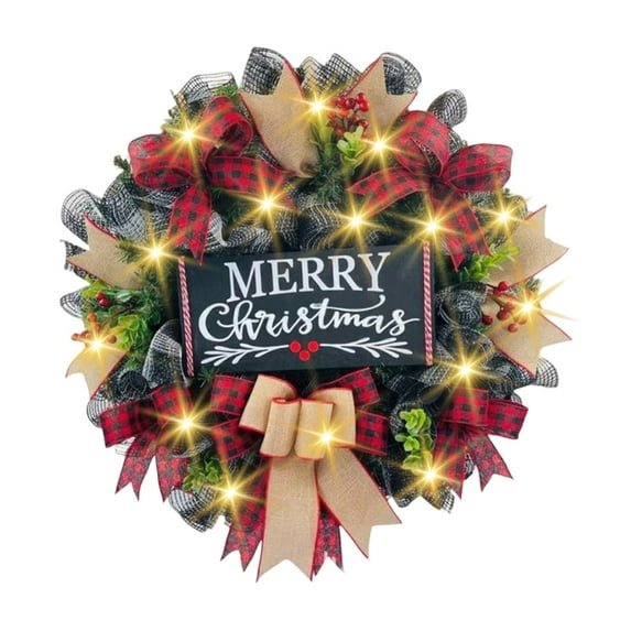 17.7 Inch Buffalo Check Christmas Wreath, Farmhouse Winter Wreath with Burlap Ribbon for Front Door, Indoor Outdoor Holiday Decor for Fireplace, Wall, and New Year Celebration