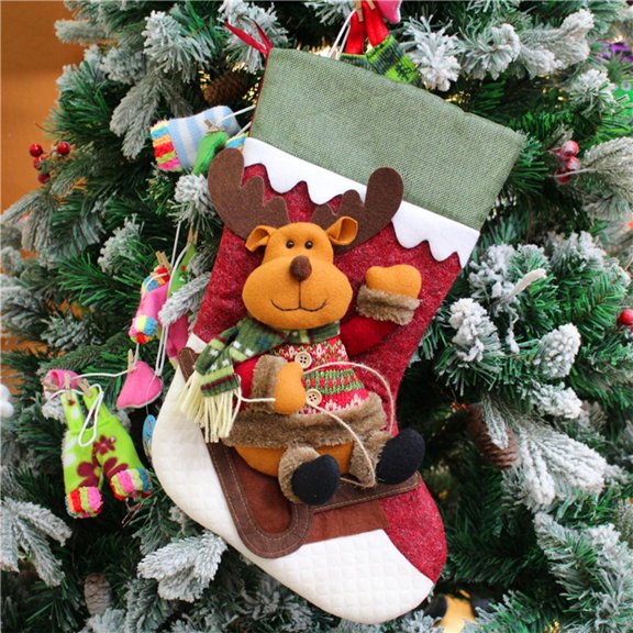 17.7 Inch Christmas Stocking for Fireplace - 3D Pattern Large Hanging Sock Decor, Holds Gifts Candy Toys, Perfect for Tree Mantel Home Holiday Decorations Red