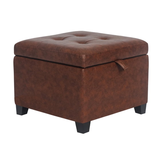 17.7 Inch Faux Leather Storage Ottoman Bench, Square Wood Leg Foot Stool, Tufted Upholstered Cube Seat with Hidden Compartment for Home Office, Red Brown