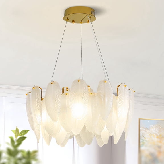 17.7 Inch Feather Glass Round Chandelier, E12 Socket Dimmable Pendant Light, Modern White Feather Shade Lamp for Dining Table Living Room Kitchen Island Bedroom Luxury Home Decor
