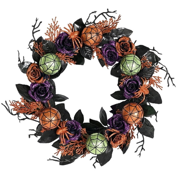 17.7 Inch Halloween Wreaths for Front Door, Spider Rose Wreaths for Indoor Outdoor Window Proch Wall Home Halloween Decoration