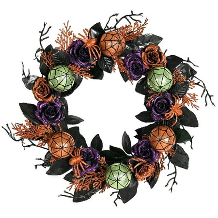 17.7 Inch Halloween Wreaths for Front Door, Spider Rose Wreaths for Indoor Outdoor Window Proch Wall Home Halloween Decoration