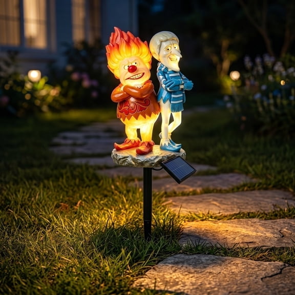 17.7 Inch Heat Miser & Snow Miser Dual Character Solar Stake Light, Outdoor Waterproof Christmas Pathway Lamp, Fire & Ice Brothers LED Yard Decor