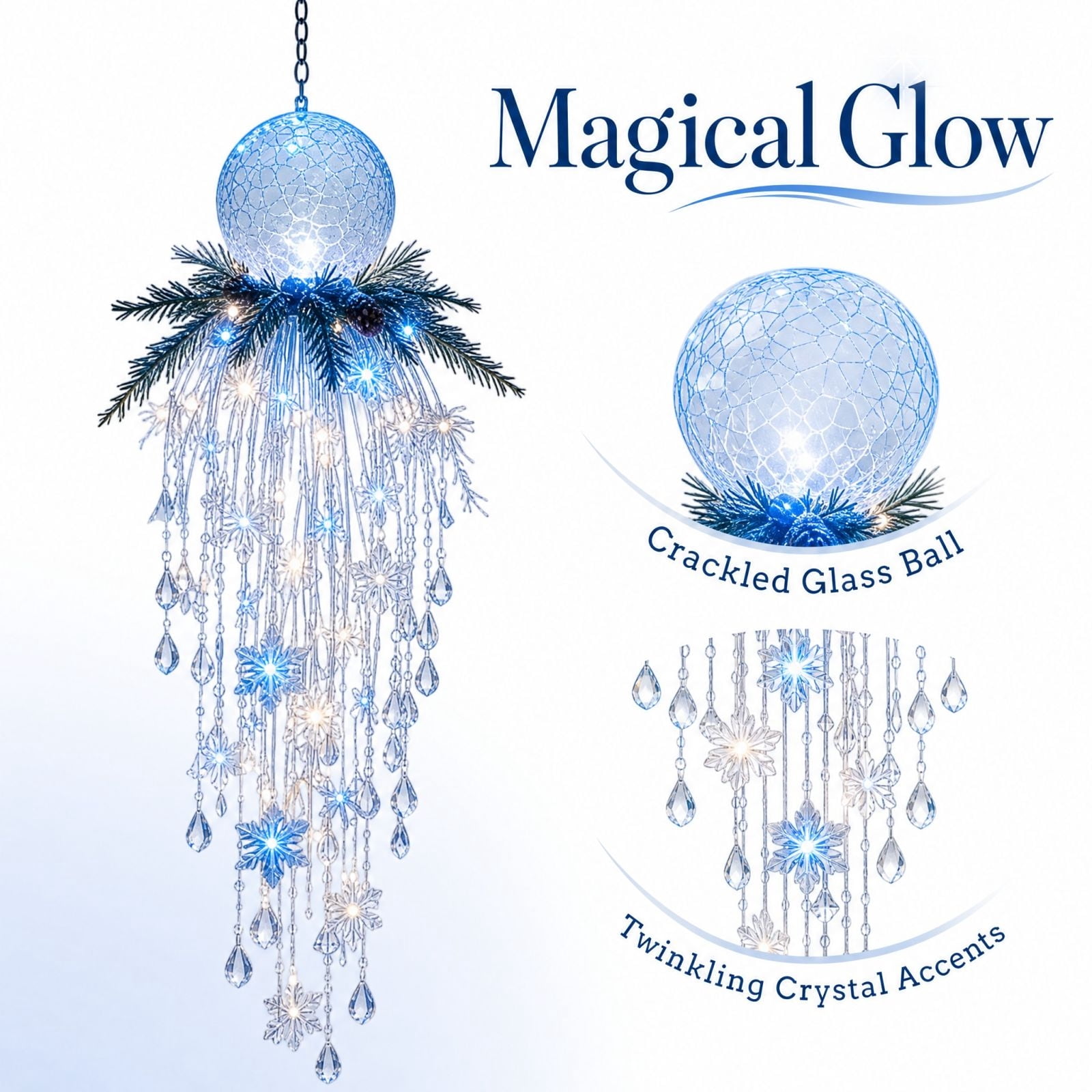 17.7 Inch LED Snowflake Hanging Ornament, Crystal Waterfall Glowing