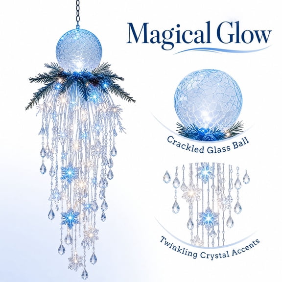 17.7 Inch LED Snowflake Hanging Ornament, Crystal Waterfall Glowing Snowflake Pendant Light, Holiday Christmas Lights, Winter Outdoor Xmas Decor for Window Porch Party Display