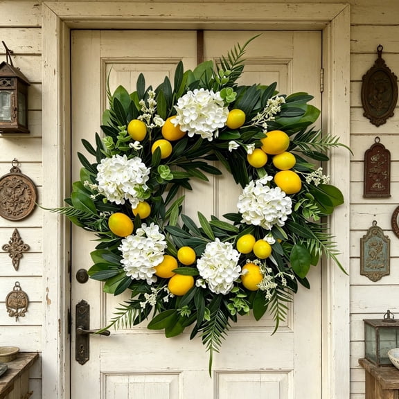 17.7 Inch Lemon Wreath for Front Door Spring Summer Fruit Wreath, Artificial Lemons White Hydrangeas Green Leaves Foliage for Kitchen Window Wall Farmhouse Decor